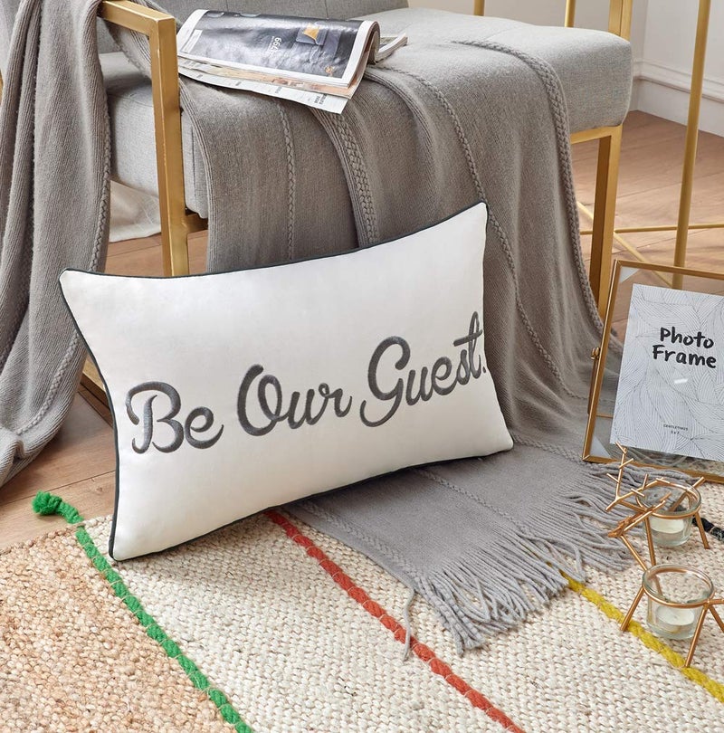 Sanmetexr Be Our Guest Decorative Lumbar Pillow Covers 12x20 Inches, Decor Soft Embroidered Accent Pillow Case for Bed, Bedroom, Guestroom. (Color White Grey) - Image 3